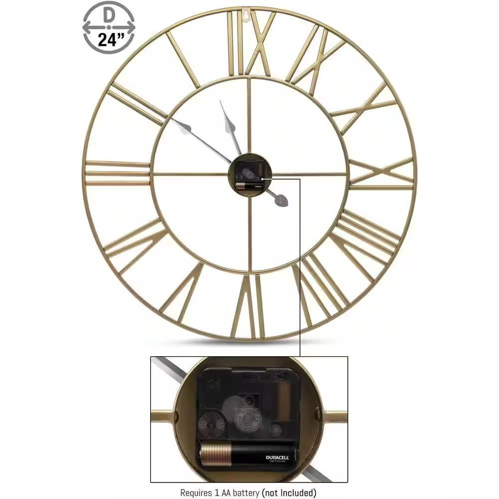 Round 24-inch Decorative Gold Metal Wall Clock Roman Numerals and Black Hands-4